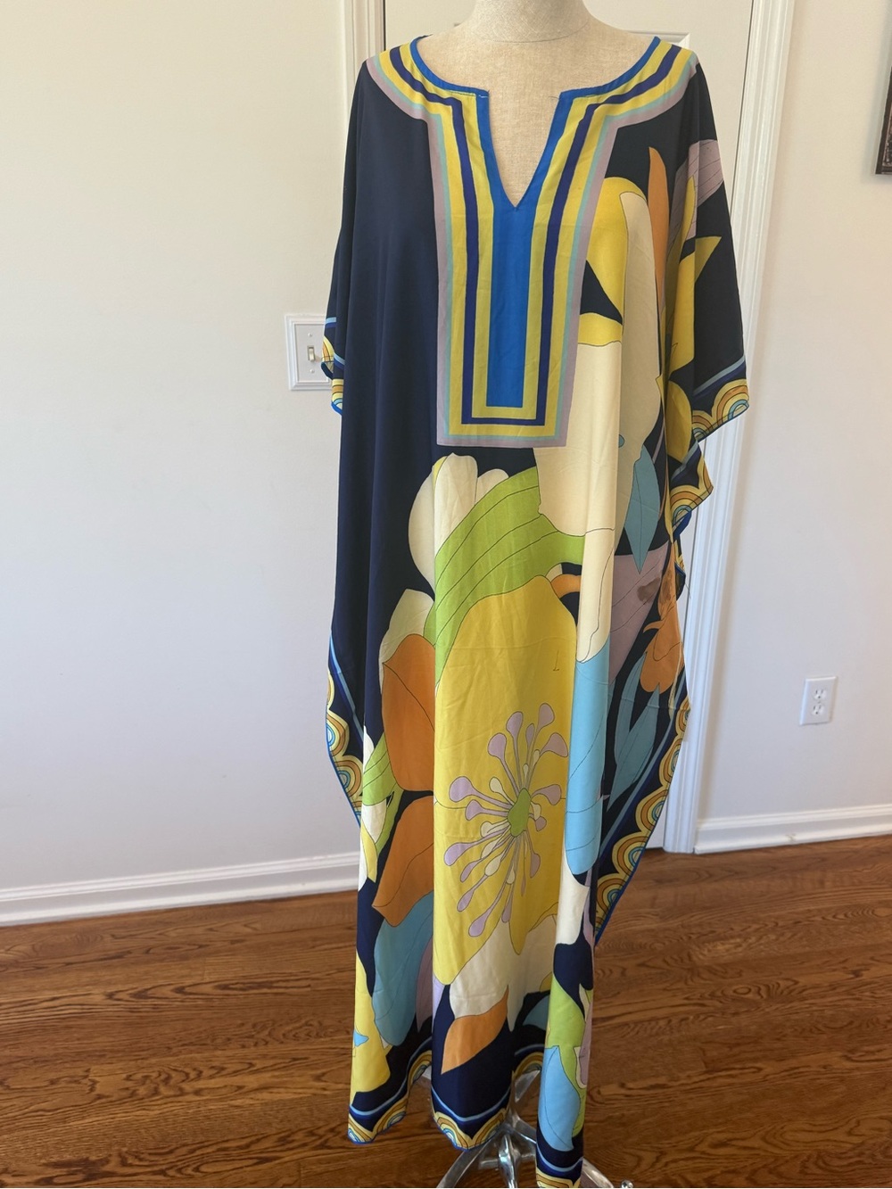 Navy Floral Caftan Dress with Yellow & Green Accents